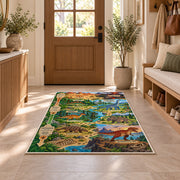 dinosaur fossil adventure trail rug displayed in a entryway beside a wooden door