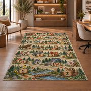 forest stream alphabet rug displayed in a living room with wooden shelves