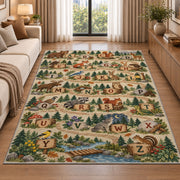 forest stream alphabet rug displayed in a sunlit lounge beside a sofa