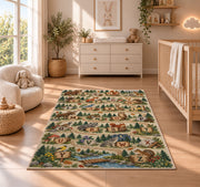 forest stream alphabet rug displayed in a nursery beside a crib