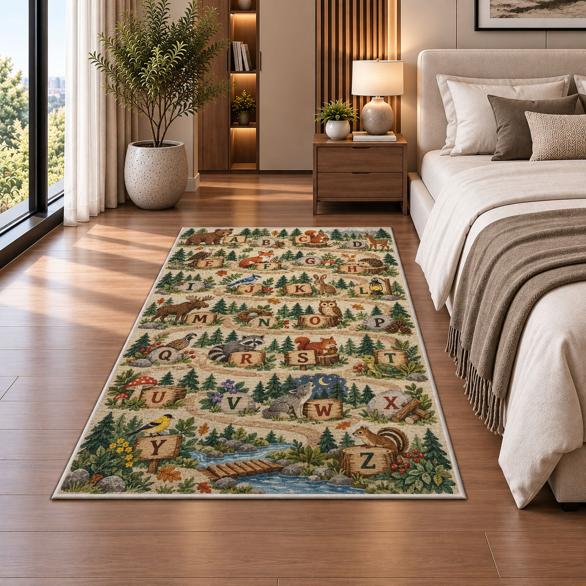 forest stream alphabet rug displayed in a bedroom beside the bed