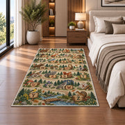 forest stream alphabet rug displayed in a bedroom beside the bed