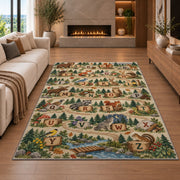 forest stream alphabet rug displayed in a living room with a fireplace
