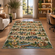 forest stream alphabet rug displayed in a lounge with wooden shelves