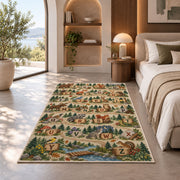 forest stream alphabet rug displayed in a bedroom in sunlight