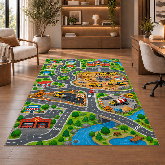 construction city road map rug displayed in a living room with wooden shelves