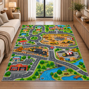 construction city road map rug displayed in a sunlit lounge beside a sofa