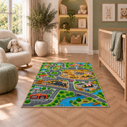 construction city road map rug displayed in a nursery beside an upholstered chair