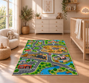 construction city road map rug displayed in a nursery beside a crib