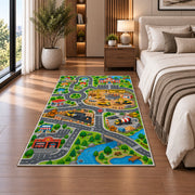 construction city road map rug displayed in a bedroom beside the bed
