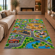 construction city road map rug displayed in a living room with a fireplace