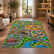 construction city road map rug displayed in a lounge with wooden shelves