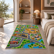 construction city road map rug displayed in a bedroom in sunlight