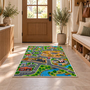 construction city road map rug displayed in a entryway beside a wooden door