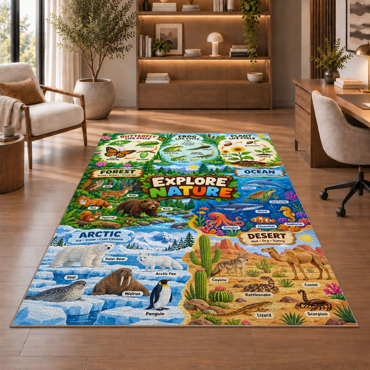 animal habitat nature explorer map rug displayed in a living room with wooden shelves
