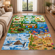 animal habitat nature explorer map rug displayed in a sunlit lounge beside a sofa