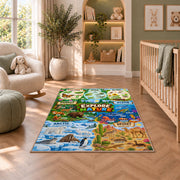 animal habitat nature explorer map rug displayed in a nursery beside an upholstered chair