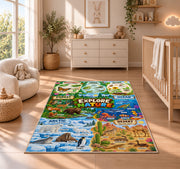 animal habitat nature explorer map rug displayed in a nursery beside a crib