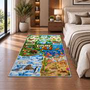 animal habitat nature explorer map rug displayed in a bedroom beside the bed