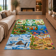 animal habitat nature explorer map rug displayed in a living room with a fireplace