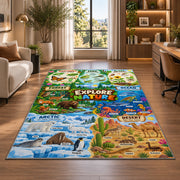 animal habitat nature explorer map rug displayed in a lounge with wooden shelves