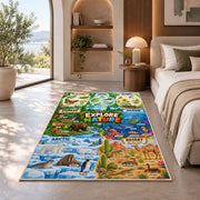 animal habitat nature explorer map rug displayed in a bedroom in sunlight