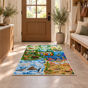 animal habitat nature explorer map rug displayed in a entryway beside a wooden door