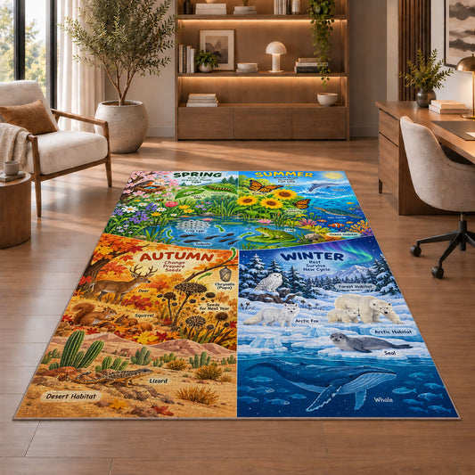 four seasons nature learning chart rug displayed in a living room with wooden shelves
