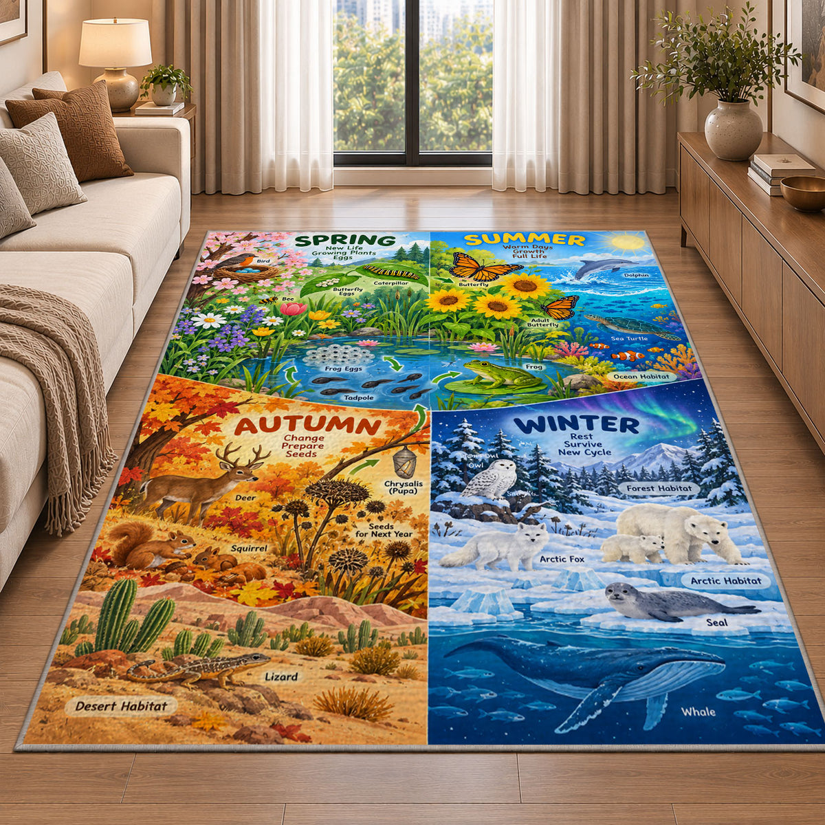 four seasons nature learning chart rug displayed in a sunlit lounge beside a sofa
