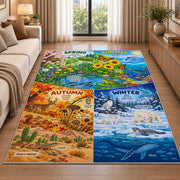 four seasons nature learning chart rug displayed in a sunlit lounge beside a sofa