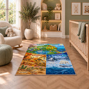 four seasons nature learning chart rug displayed in a nursery beside an upholstered chair