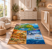 four seasons nature learning chart rug displayed in a nursery beside a crib
