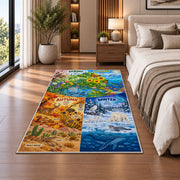 four seasons nature learning chart rug displayed in a bedroom beside the bed
