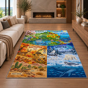 four seasons nature learning chart rug displayed in a living room with a fireplace