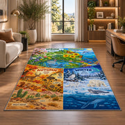 four seasons nature learning chart rug displayed in a lounge with wooden shelves