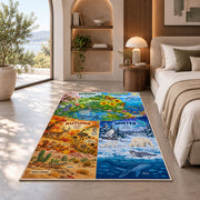 four seasons nature learning chart rug displayed in a bedroom in sunlight