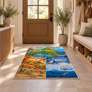four seasons nature learning chart rug displayed in a entryway beside a wooden door