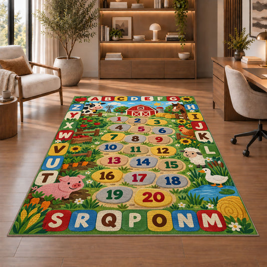farm alphabet number trail rug displayed in a living room with wooden shelves