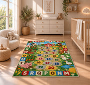 farm alphabet number trail rug displayed in a nursery beside a crib