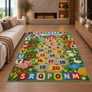 farm alphabet number trail rug displayed in a living room with a fireplace