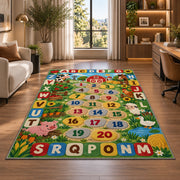 farm alphabet number trail rug displayed in a lounge with wooden shelves