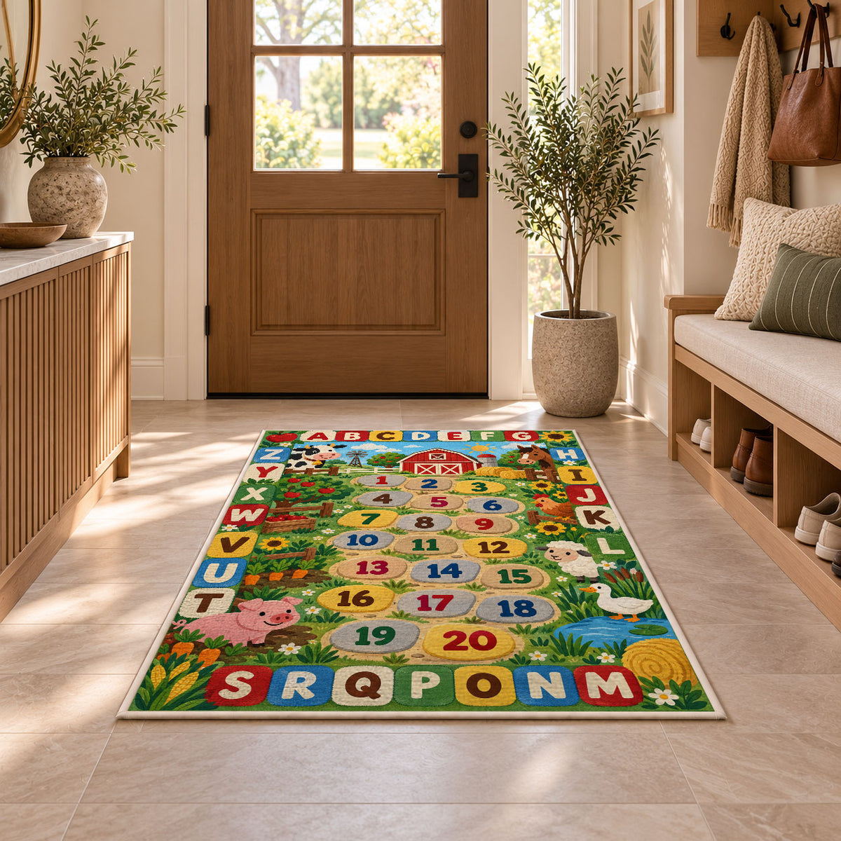 farm alphabet number trail rug displayed in a entryway beside a wooden door