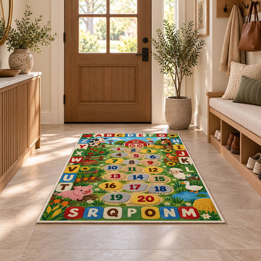 farm alphabet number trail rug displayed in a entryway beside a wooden door