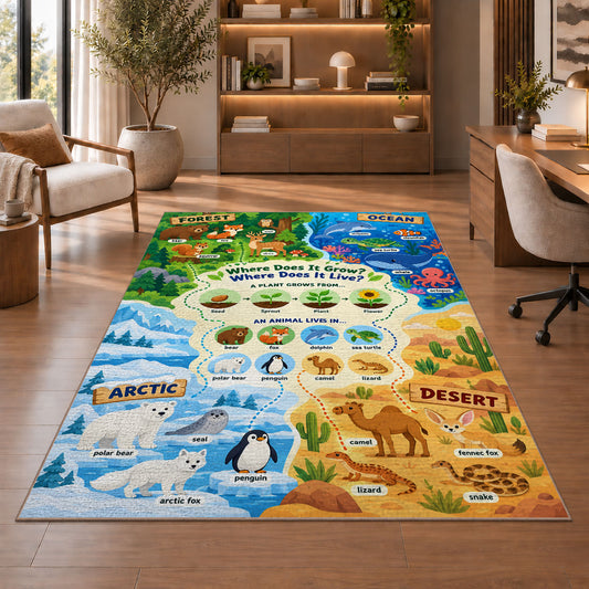 animal habitat matching activity rug displayed in a living room with wooden shelves
