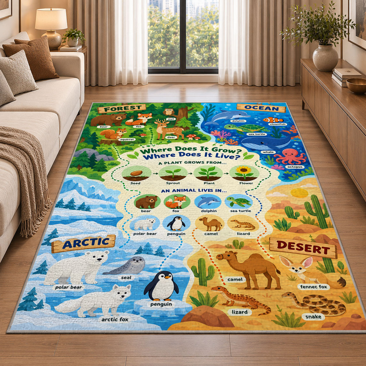 animal habitat matching activity rug displayed in a sunlit lounge beside a sofa