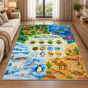 animal habitat matching activity rug displayed in a sunlit lounge beside a sofa