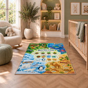 animal habitat matching activity rug displayed in a nursery beside an upholstered chair