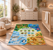 animal habitat matching activity rug displayed in a nursery beside a crib