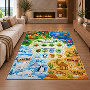 animal habitat matching activity rug displayed in a living room with a fireplace