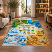 animal habitat matching activity rug displayed in a lounge with wooden shelves